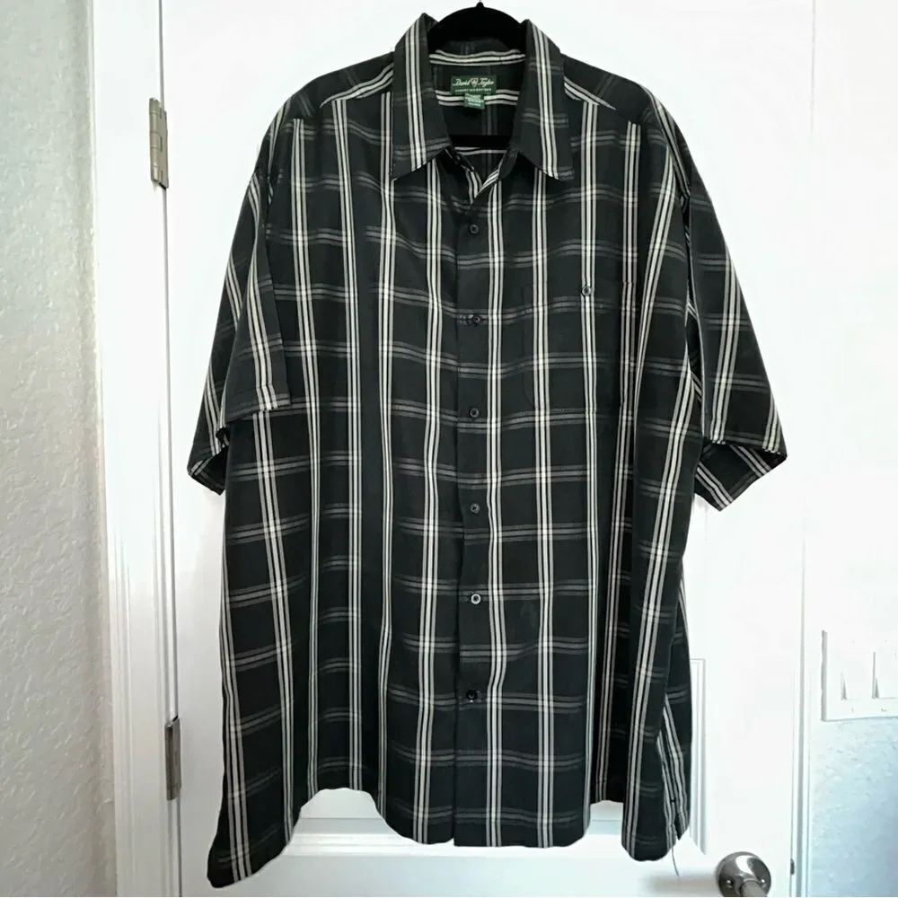 David Taylor Luxury Microfiber Plaid Print Button Front Short Sleeve Shirt